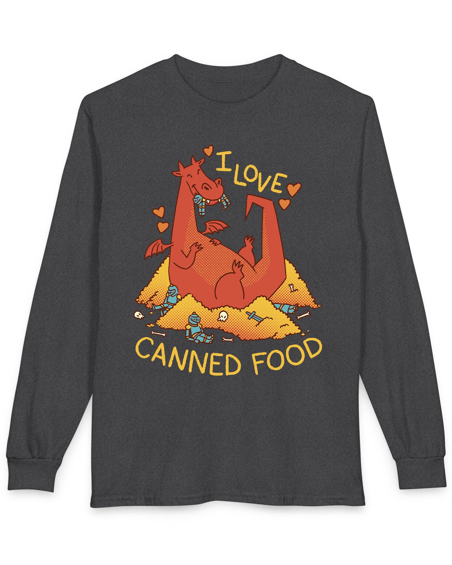 I Love Canned Food shirt in dark heather featuring a happy red dragon snacking on knights in armor atop a pile of gold