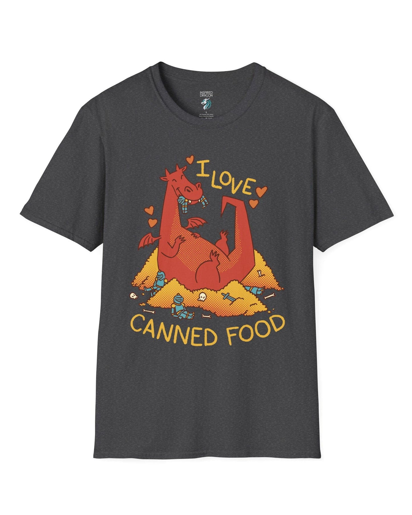 I Love Canned Food shirt in dark heather grey featuring a happy red dragon snacking on knights in armor atop a pile of gold.

