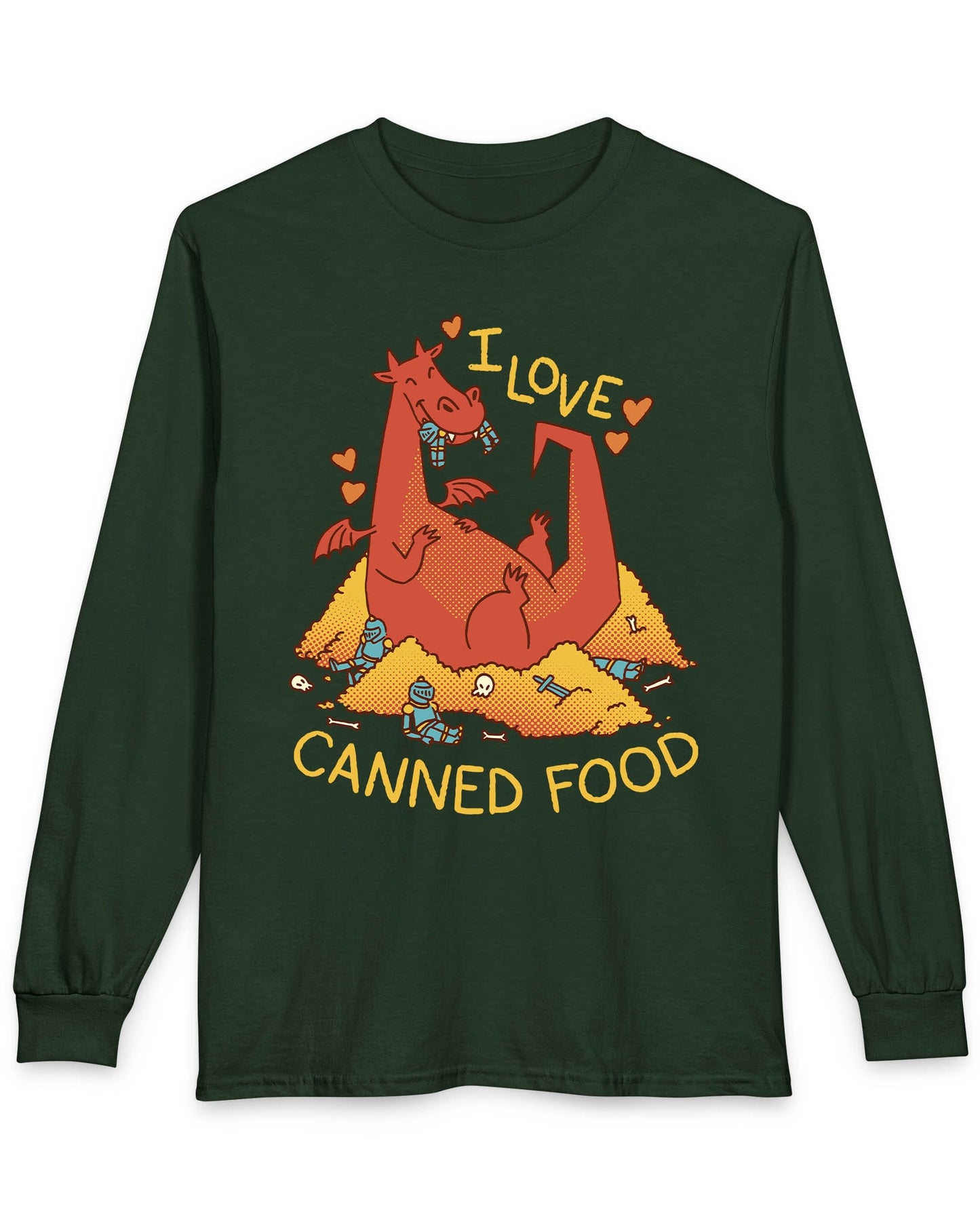 I Love Canned Food shirt in forest green featuring a happy red dragon snacking on knights in armor atop a pile of gold