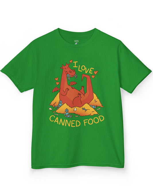 I Love Canned Food shirt in Irish green featuring a happy red dragon snacking on knights in armor atop a pile of gold