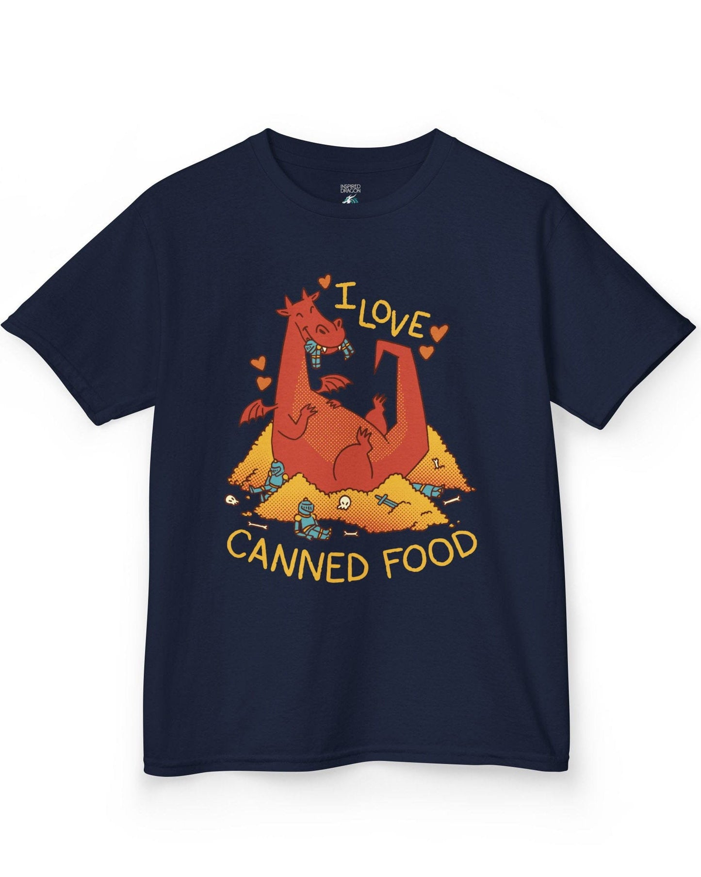 I Love Canned Food shirt in navy featuring a happy red dragon snacking on knights in armor atop a pile of gold