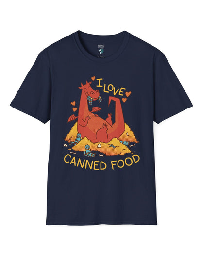 I Love Canned Food shirt in navy featuring a happy red dragon snacking on knights in armor atop a pile of gold.
