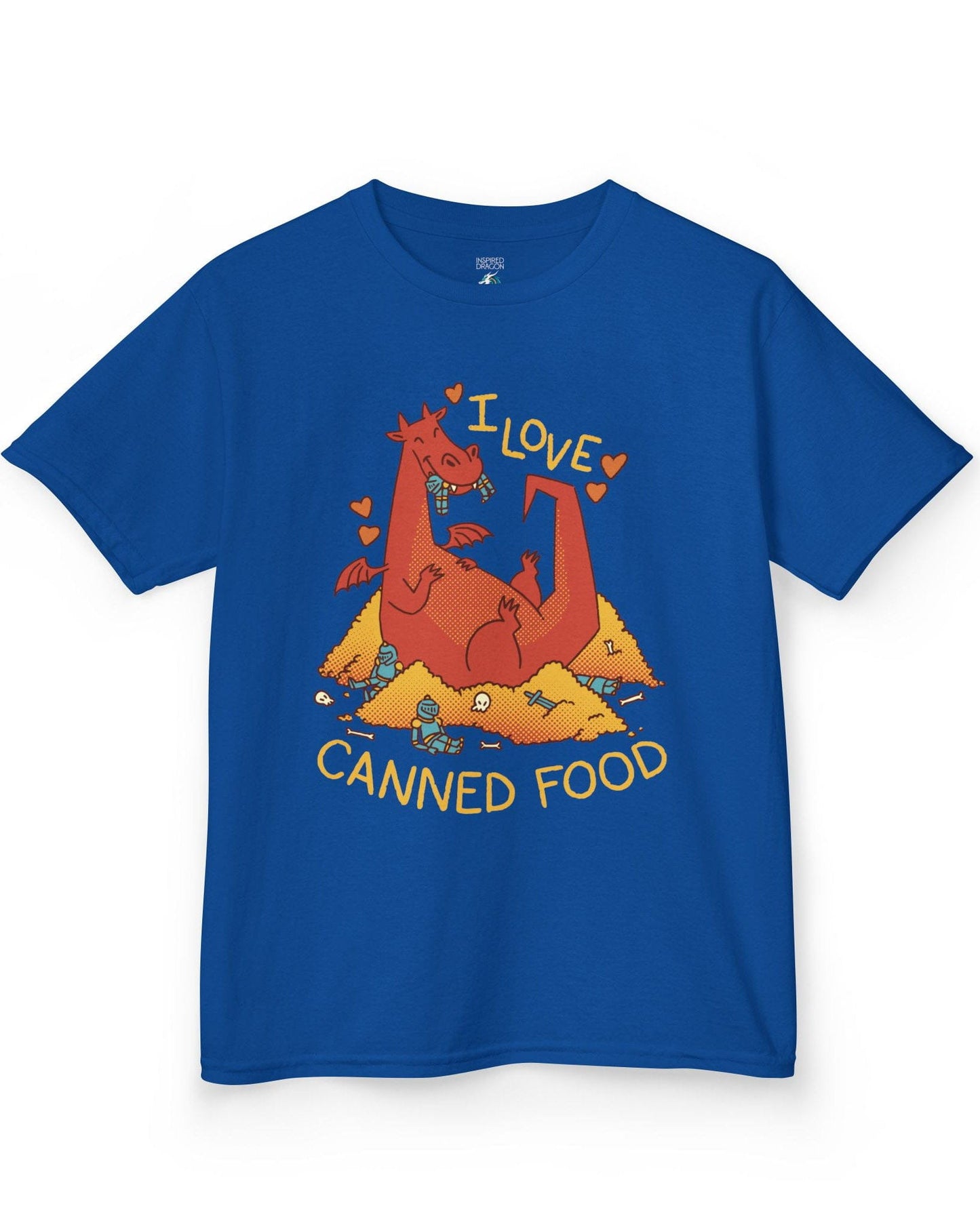 I Love Canned Food shirt in royal blue featuring a happy red dragon snacking on knights in armor atop a pile of gold