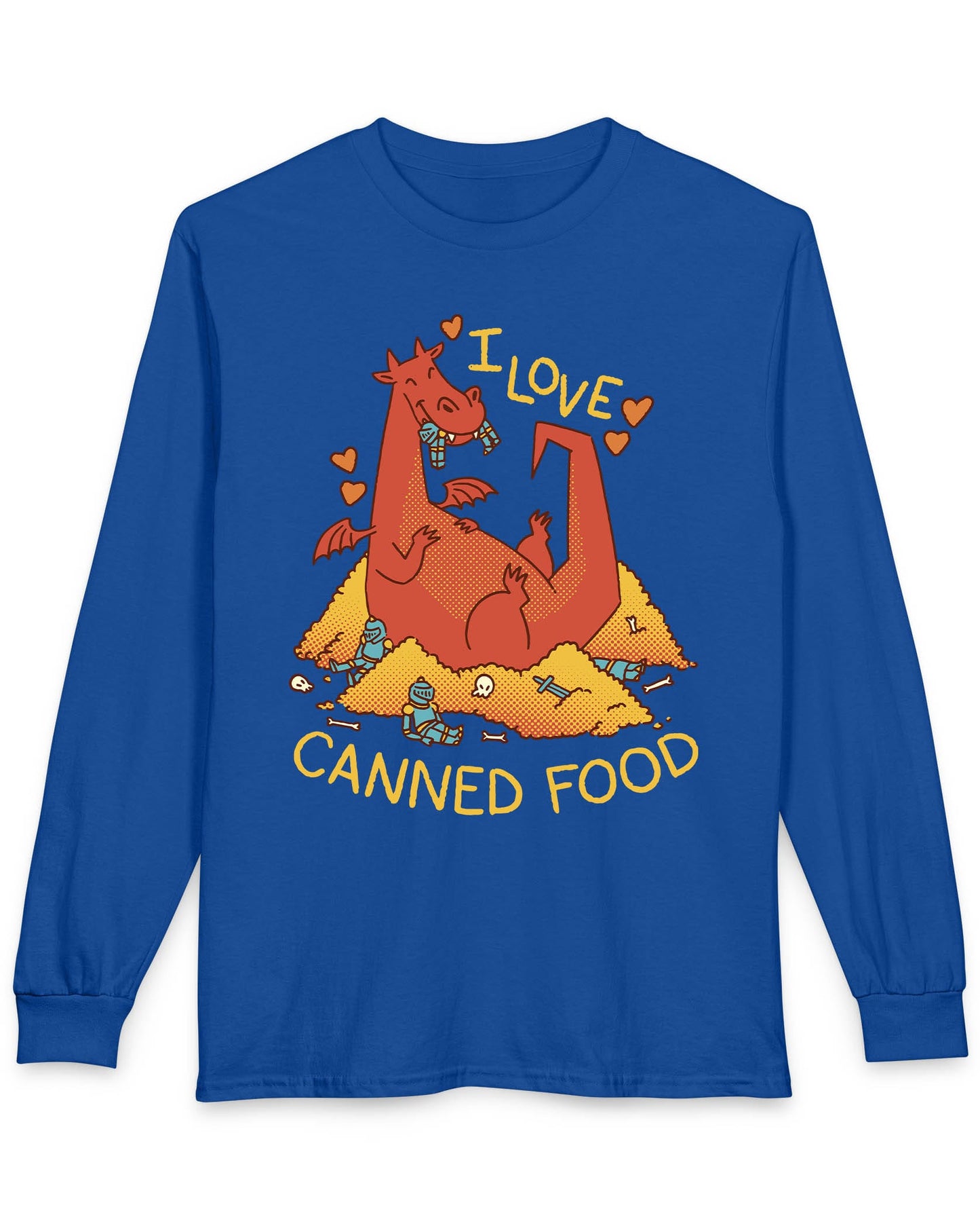 I Love Canned Food shirt in royal blue featuring a happy red dragon snacking on knights in armor atop a pile of gold