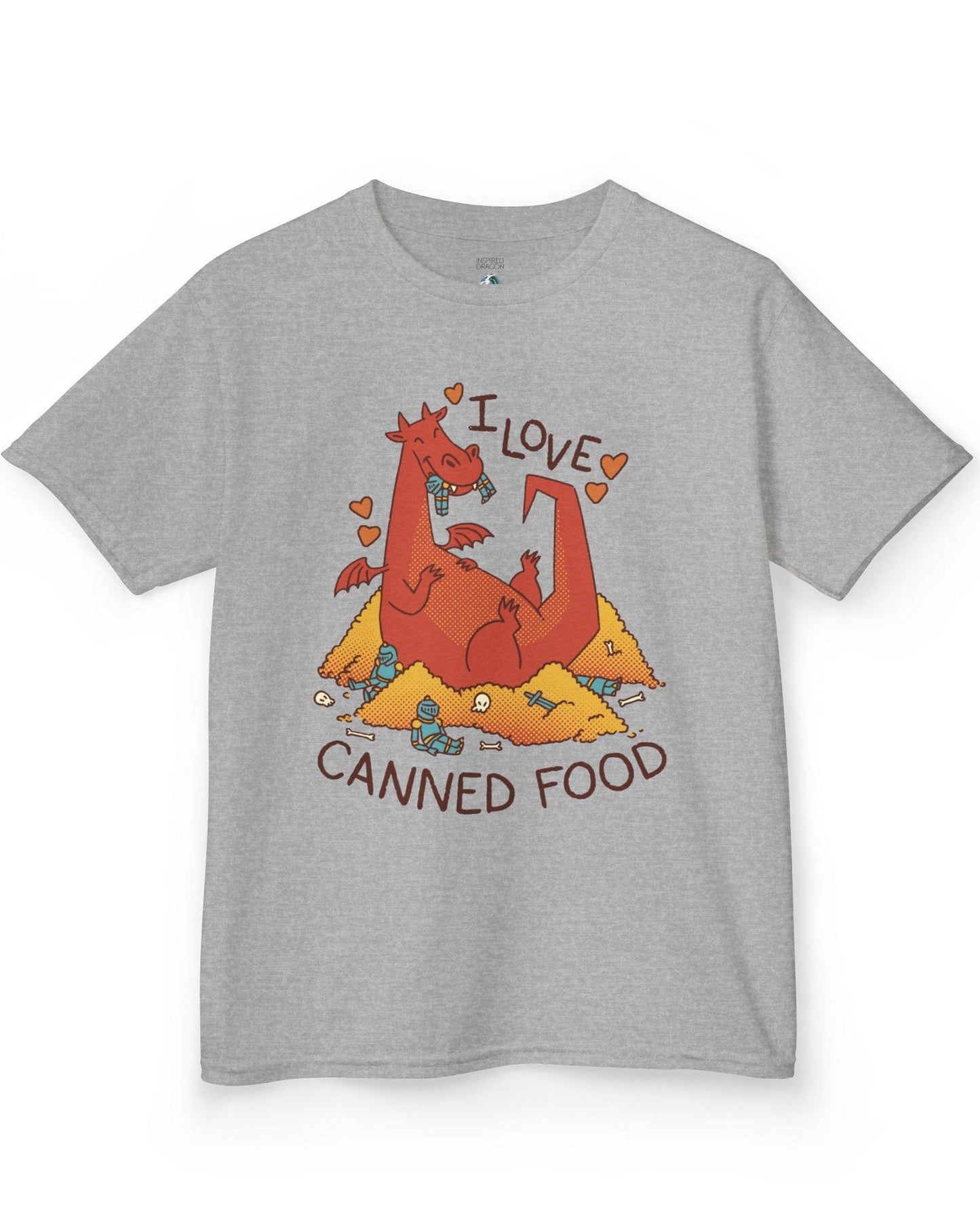 I Love Canned Food shirt in sport grey featuring a happy red dragon snacking on knights in armor atop a pile of gold