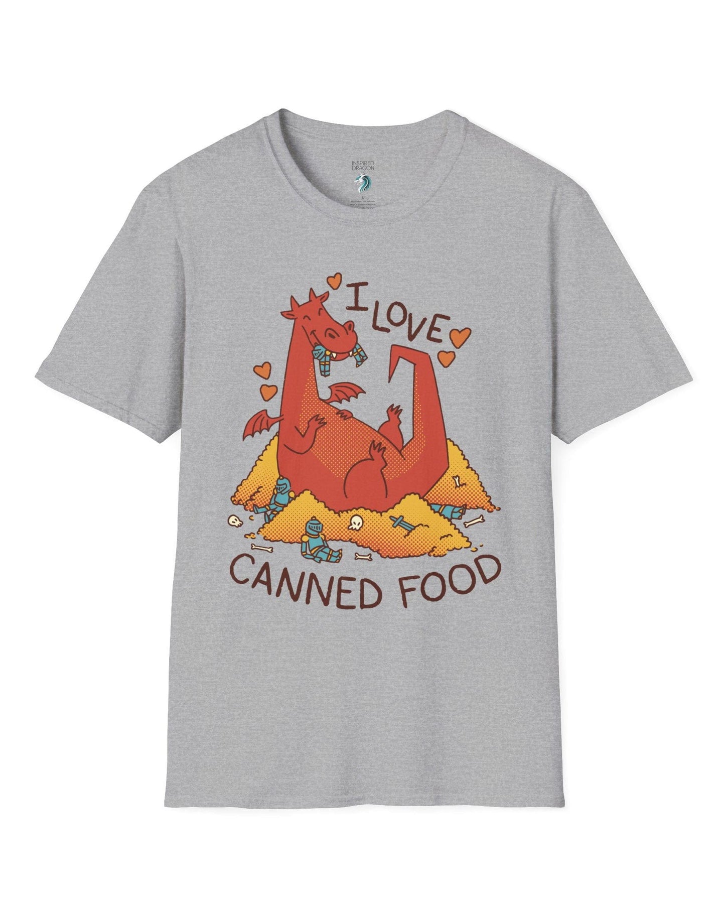 I Love Canned Food shirt in sport grey featuring a happy red dragon snacking on knights in armor atop a pile of gold.
