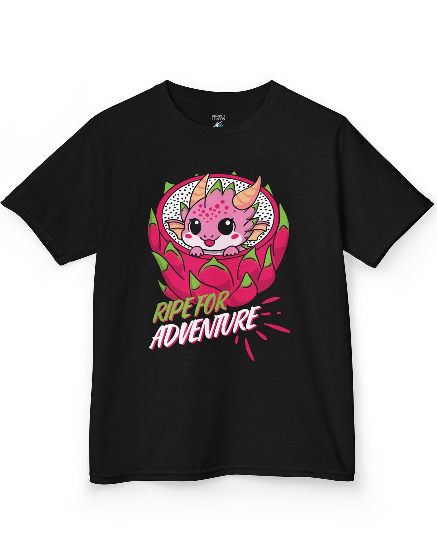 Ripe for Adventure shirt in black featuring a cute pink dragon peeking out from a dragon fruit