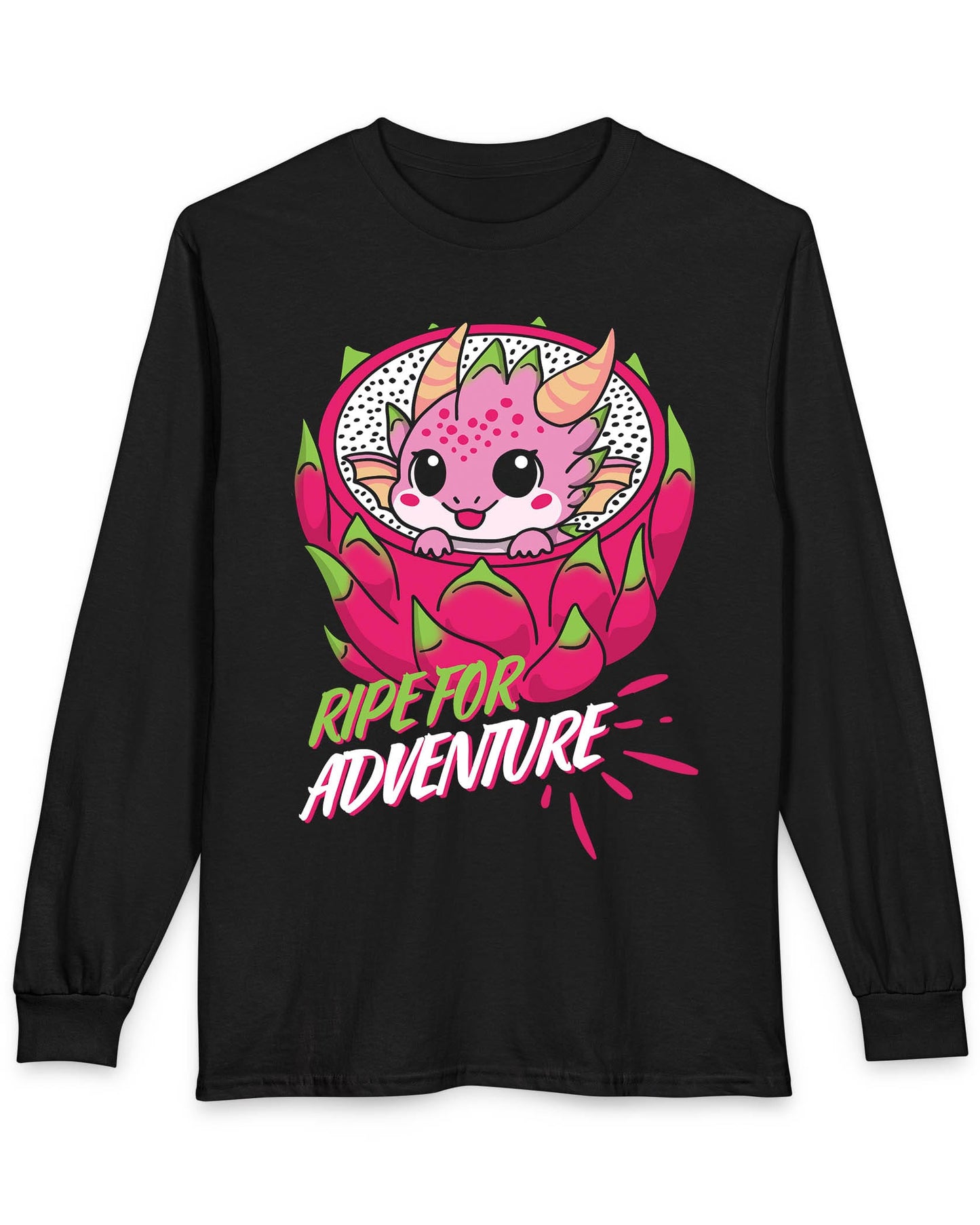 Ripe for Adventure shirt in black featuring a cute pink dragon peeking out from a dragon fruit