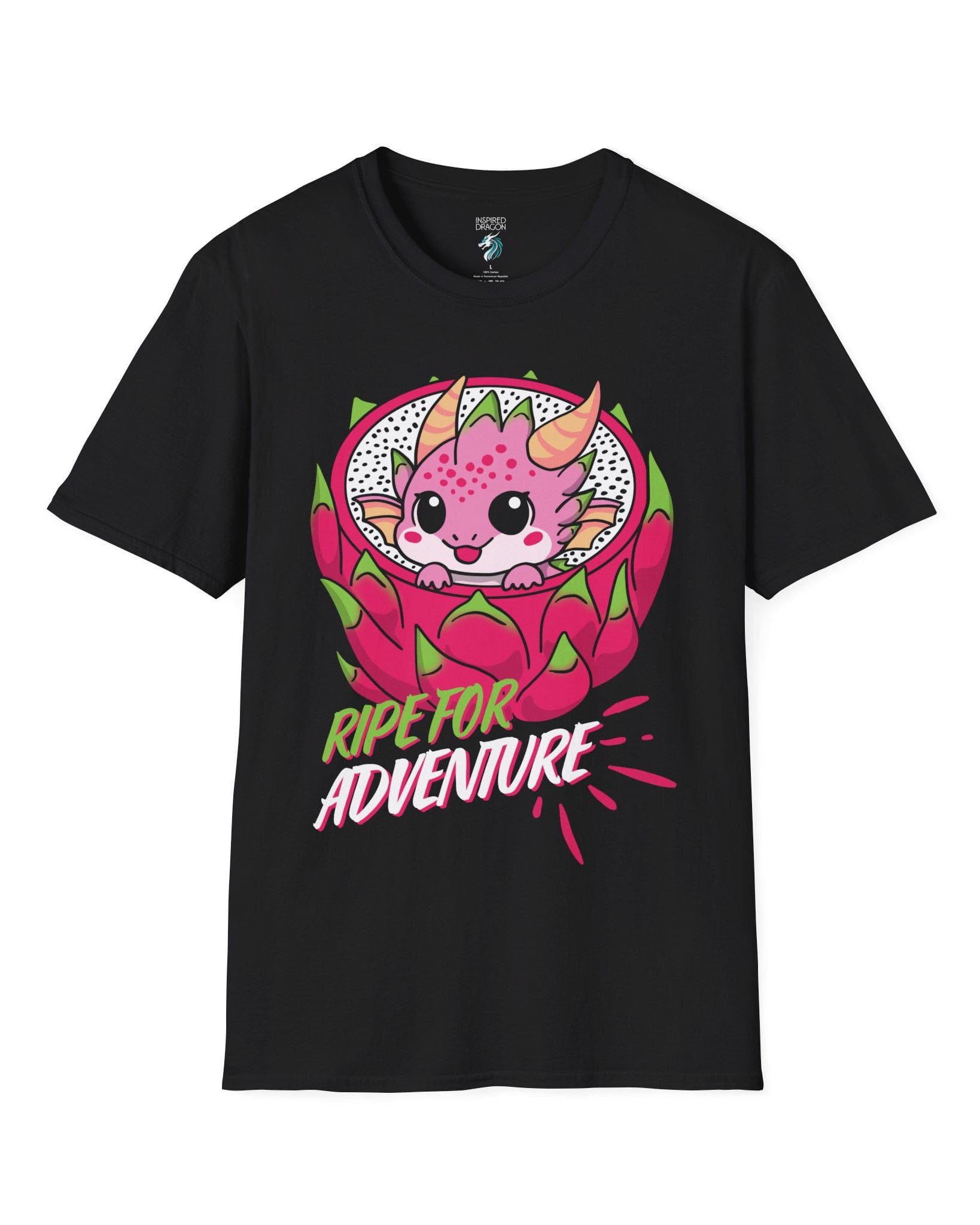 Ripe for Adventure shirt in black, featuring a cute pink dragon peeking out from a dragon fruit.
