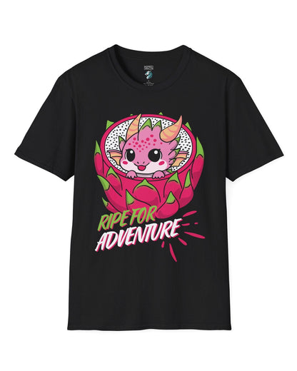 Ripe for Adventure shirt in black, featuring a cute pink dragon peeking out from a dragon fruit.
