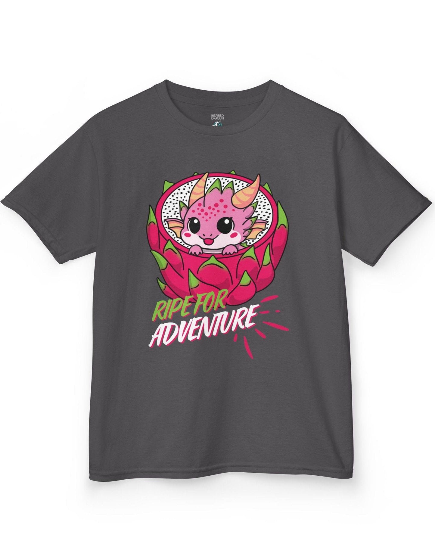 Ripe for Adventure shirt in charcoal featuring a cute pink dragon peeking out from a dragon fruit