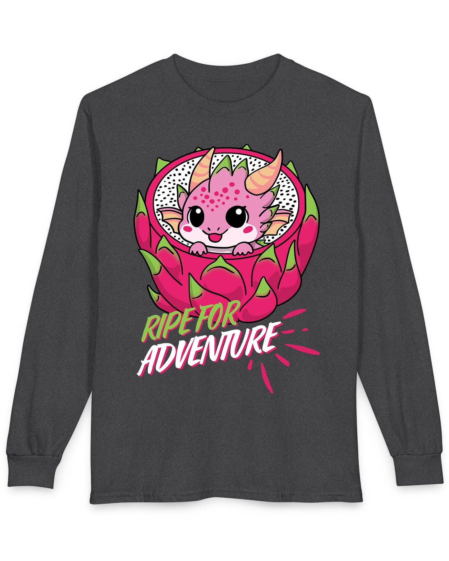 Ripe for Adventure shirt in dark heather featuring a cute pink dragon peeking out from a dragon fruit