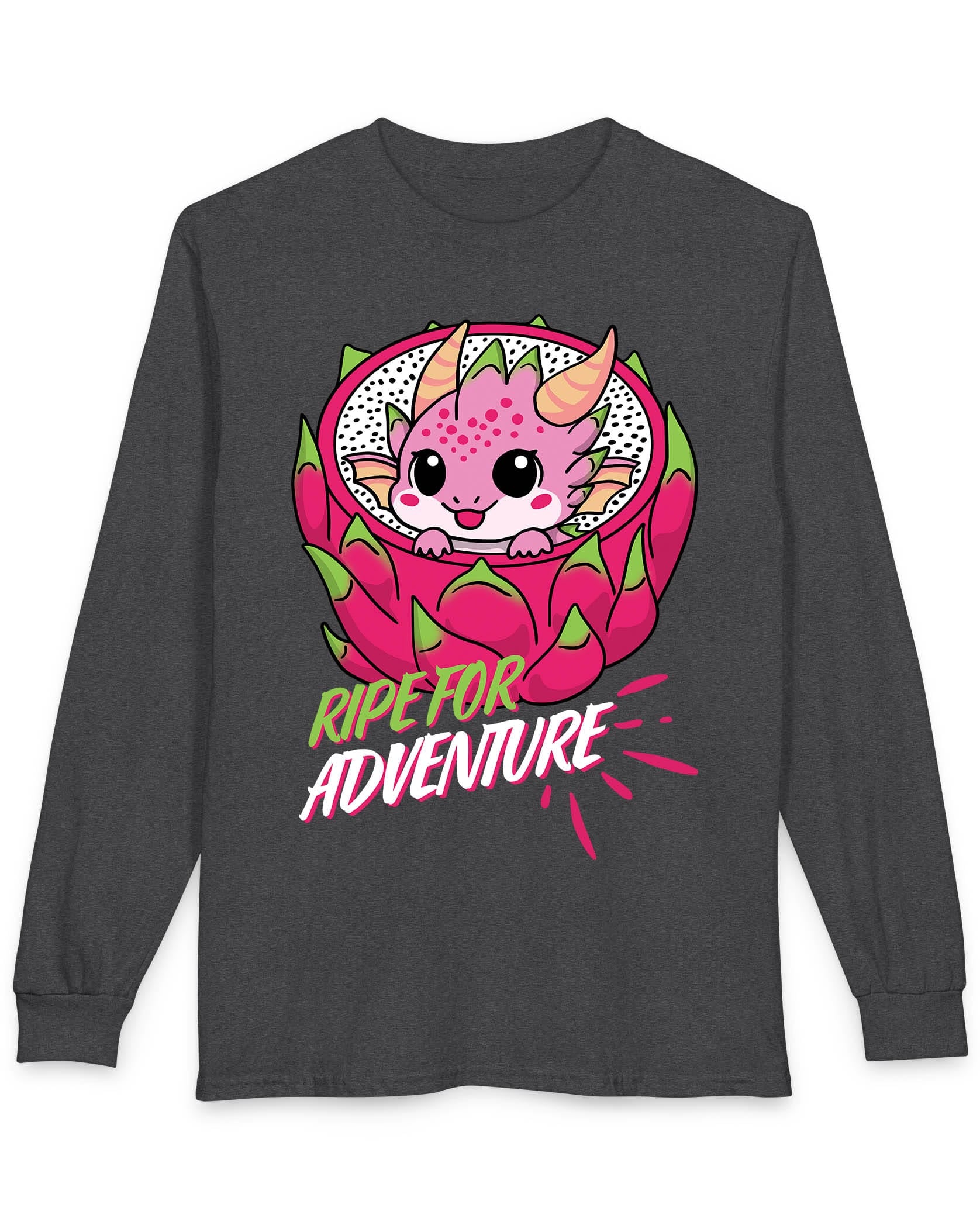 Ripe for Adventure shirt in dark heather featuring a cute pink dragon peeking out from a dragon fruit