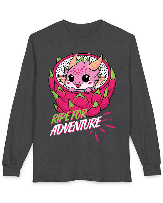 Ripe for Adventure shirt in dark heather featuring a cute pink dragon peeking out from a dragon fruit