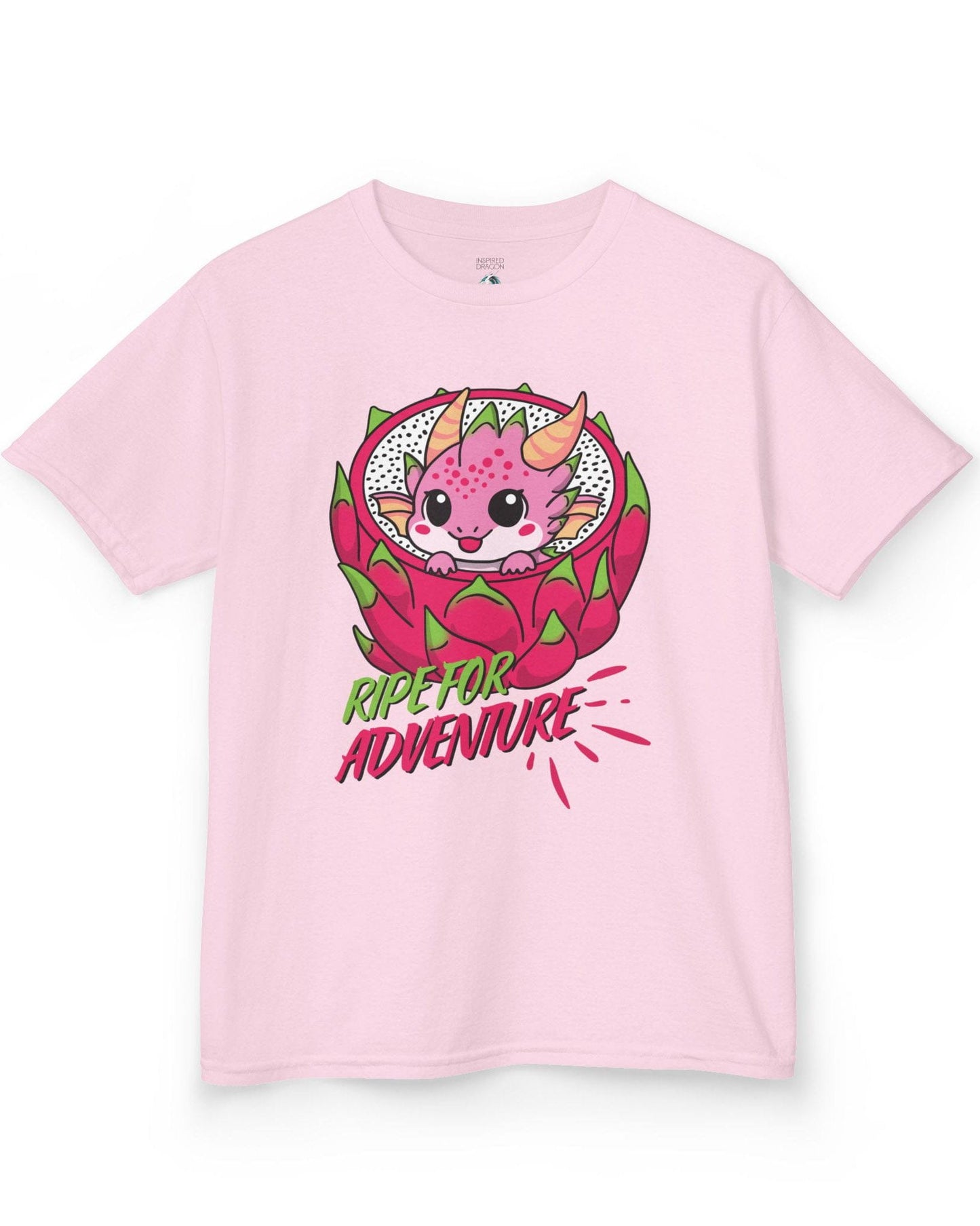 Ripe for Adventure shirt in light pink featuring a cute pink dragon peeking out from a dragon fruit