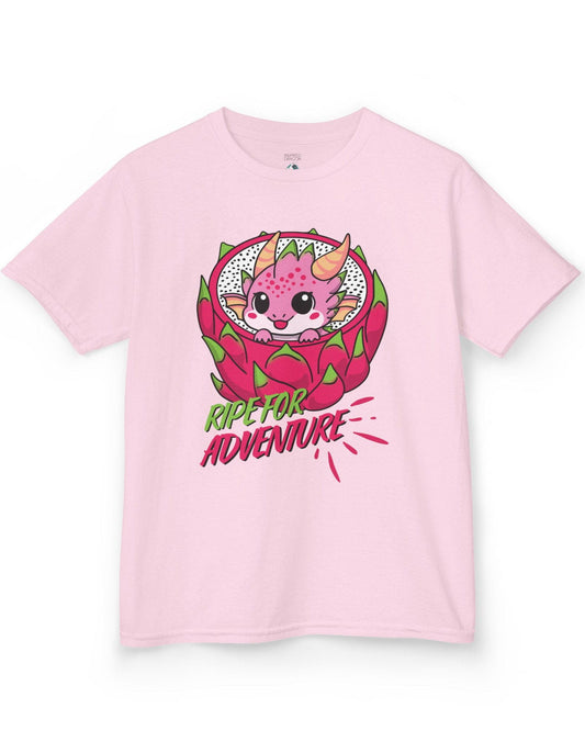 Ripe for Adventure shirt in light pink featuring a cute pink dragon peeking out from a dragon fruit