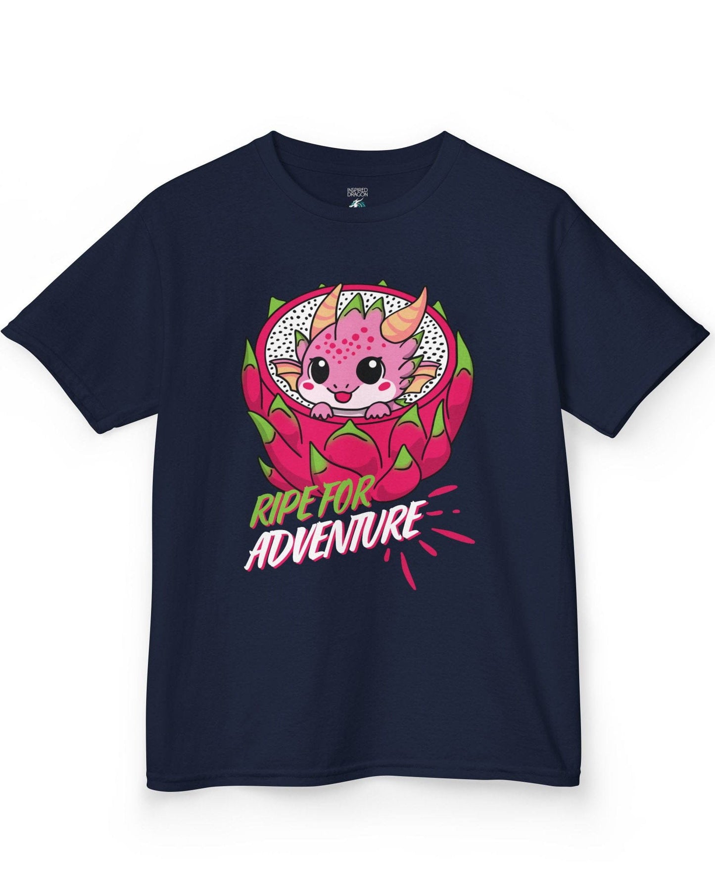 Ripe for Adventure shirt in navy featuring a cute pink dragon peeking out from a dragon fruit