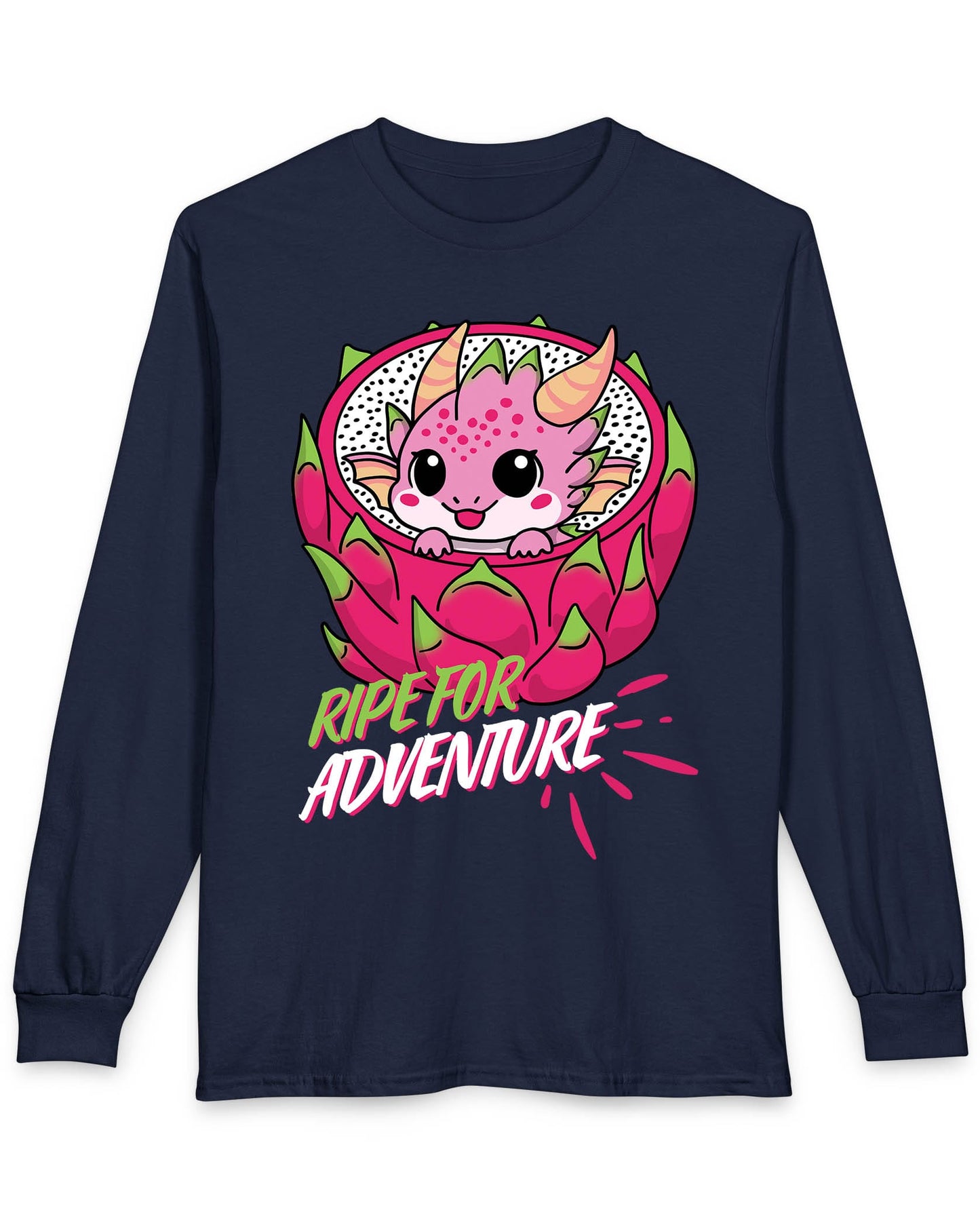 Ripe for Adventure shirt in navy featuring a cute pink dragon peeking out from a dragon fruit