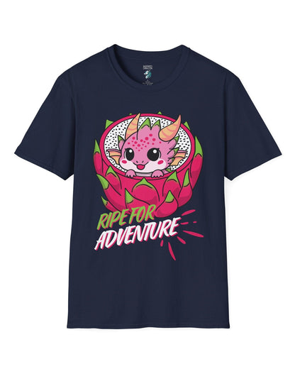 Ripe for Adventure shirt in navy, featuring a cute pink dragon peeking out from a dragon fruit.
