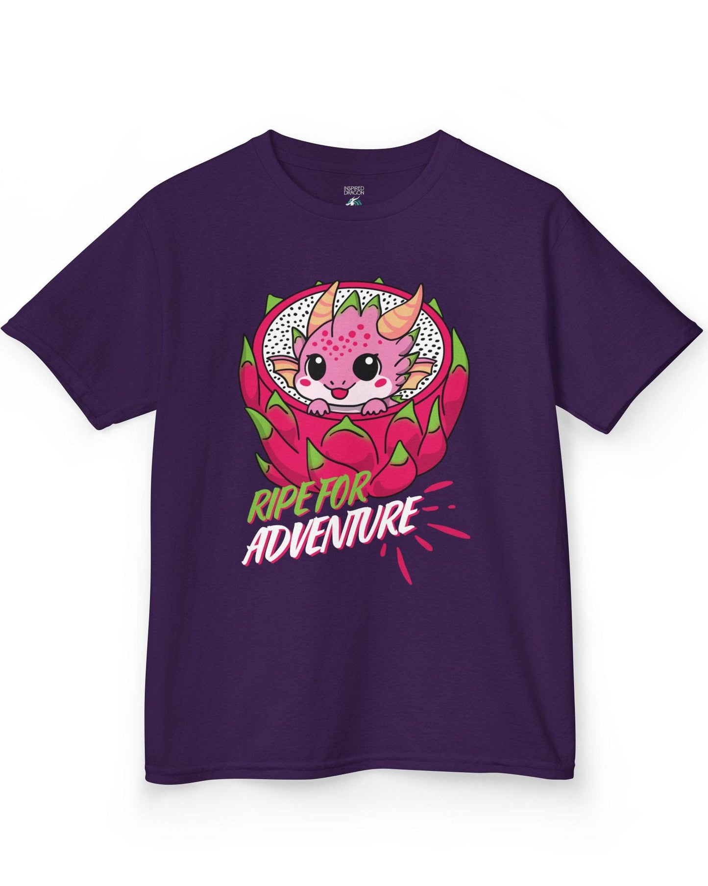 Ripe for Adventure shirt in purple featuring a cute pink dragon peeking out from a dragon fruit