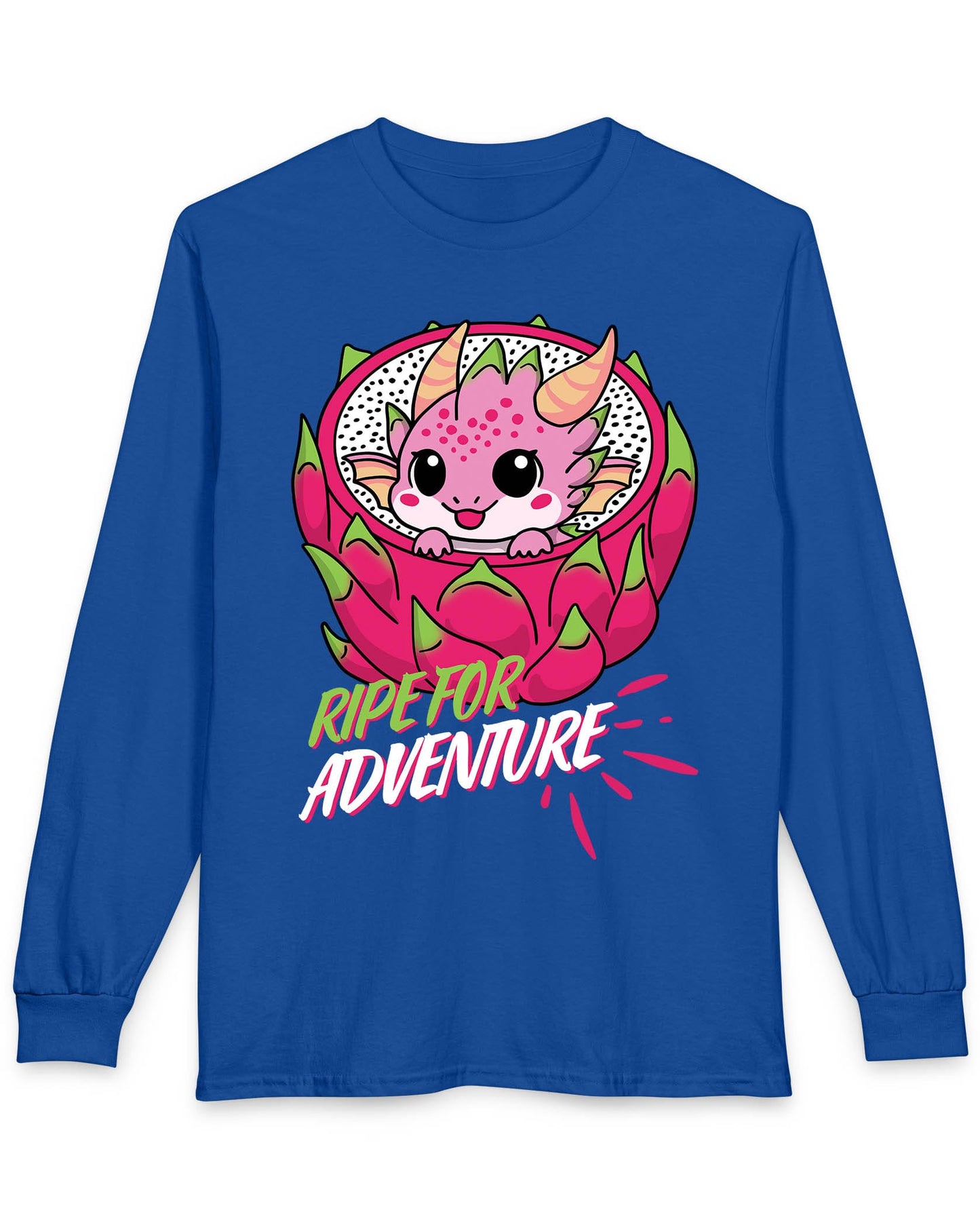 Ripe for Adventure shirt in royal blue featuring a cute pink dragon peeking out from a dragon fruit