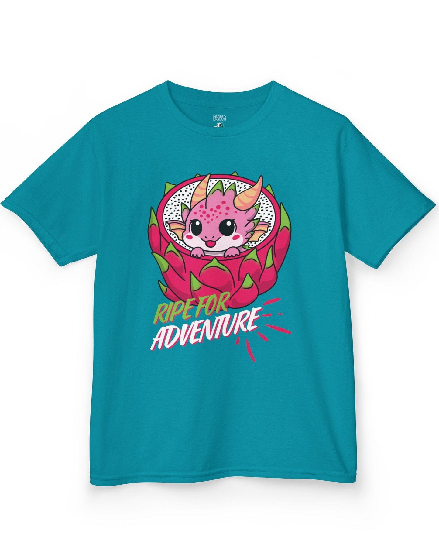 Ripe for Adventure shirt in tropical blue featuring a cute pink dragon peeking out from a dragon fruit