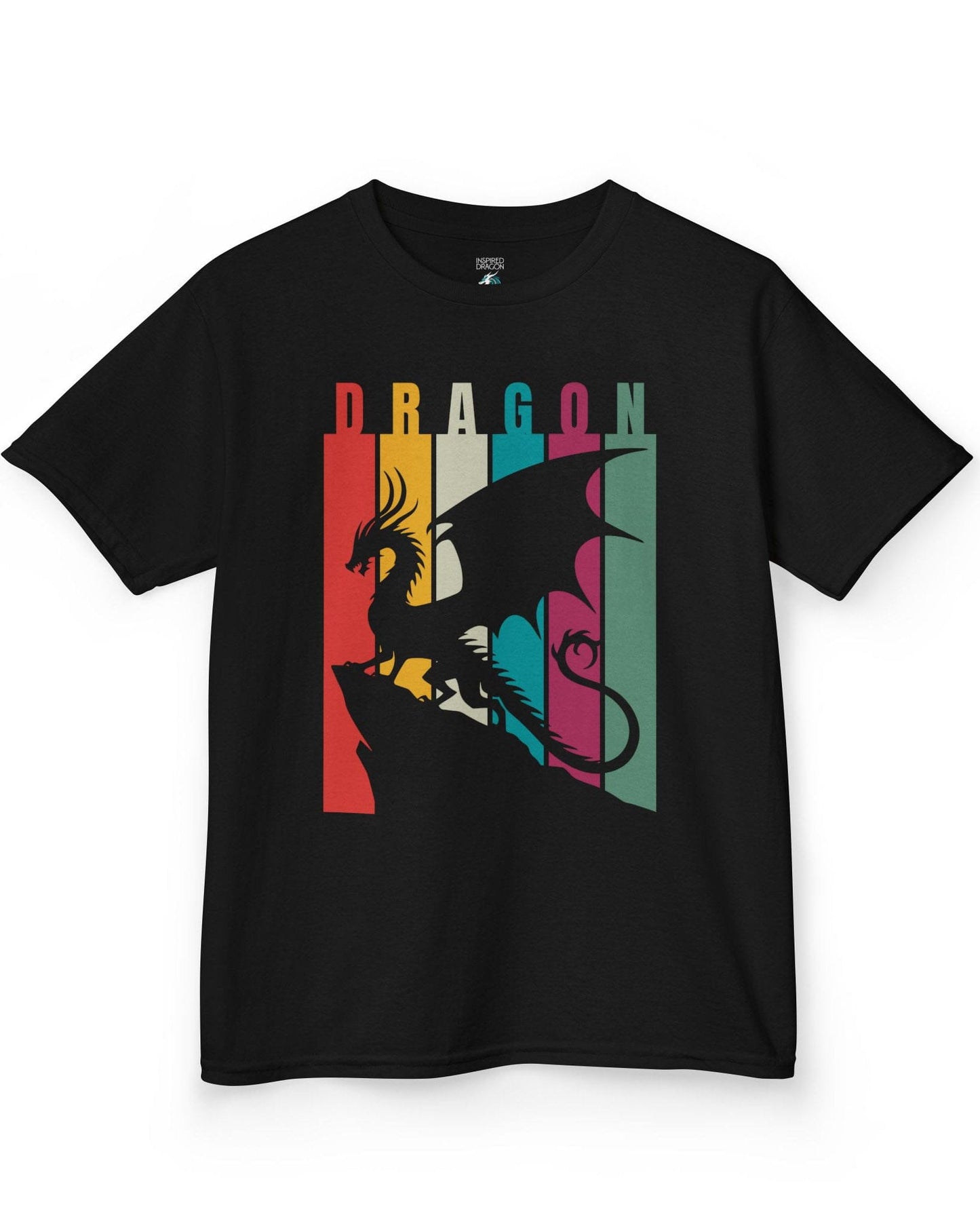 Draconic Spectrum shirt in black featuring a dragon silhouette over vertical multi-colored stripes