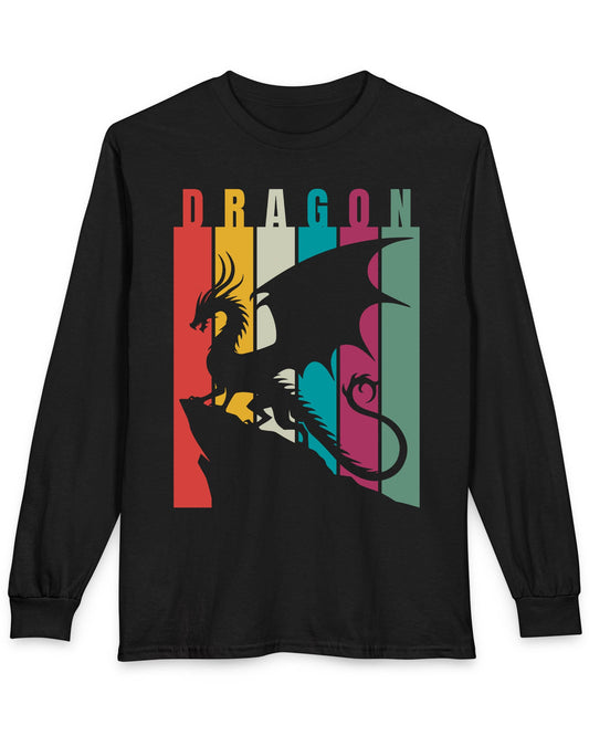 Draconic Spectrum shirt in black featuring a dragon silhouette over vertical multi-colored stripes