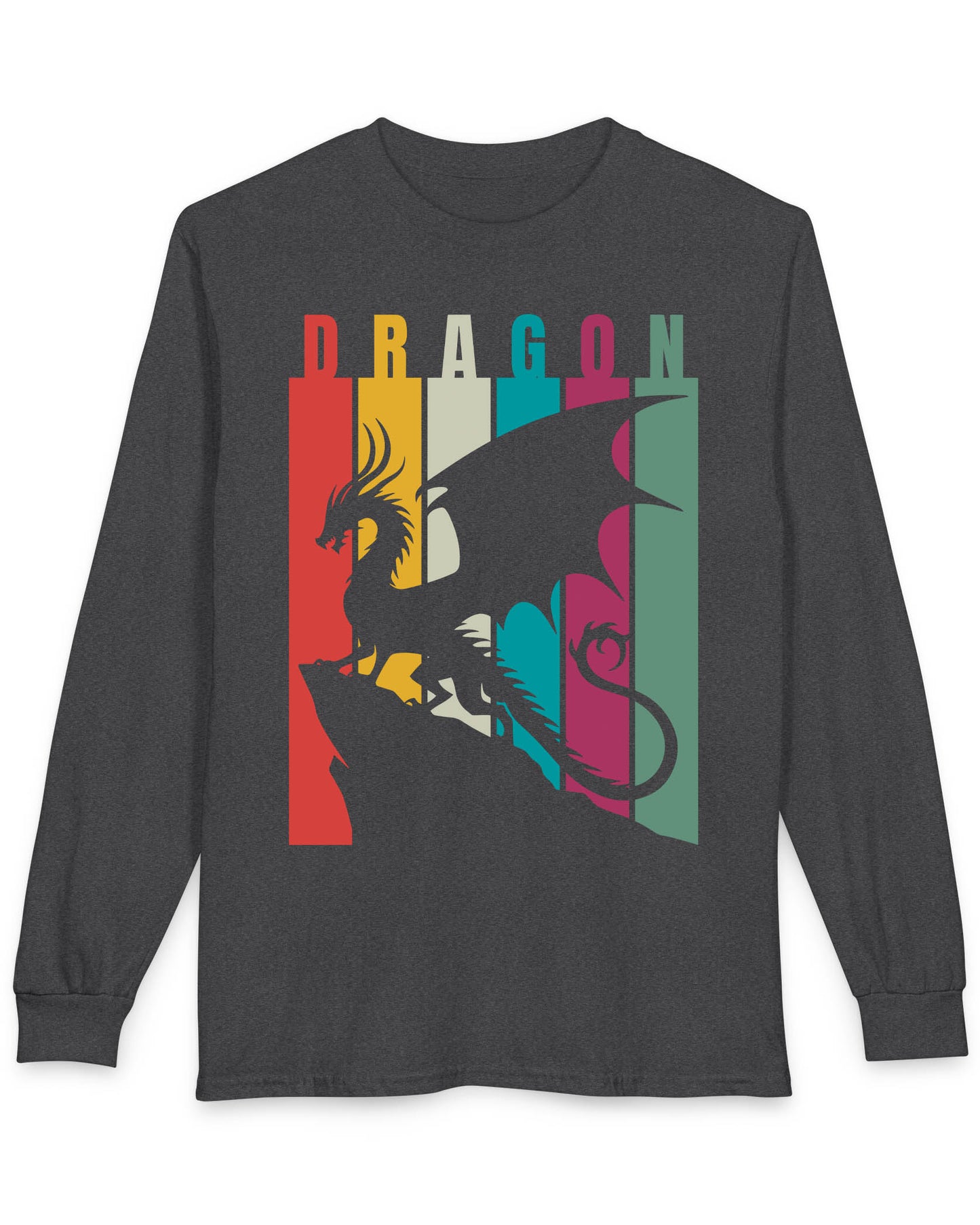 Draconic Spectrum shirt in dark heather featuring a dragon silhouette over vertical multi-colored stripes