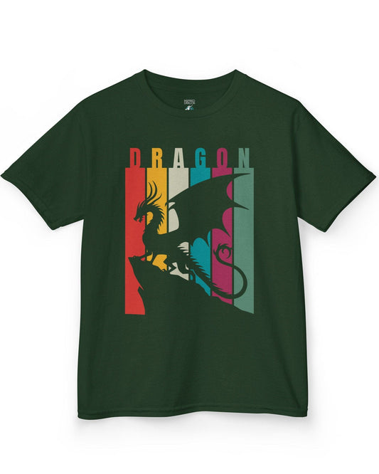 Draconic Spectrum shirt in forest green featuring a dragon silhouette over vertical multi-colored stripes