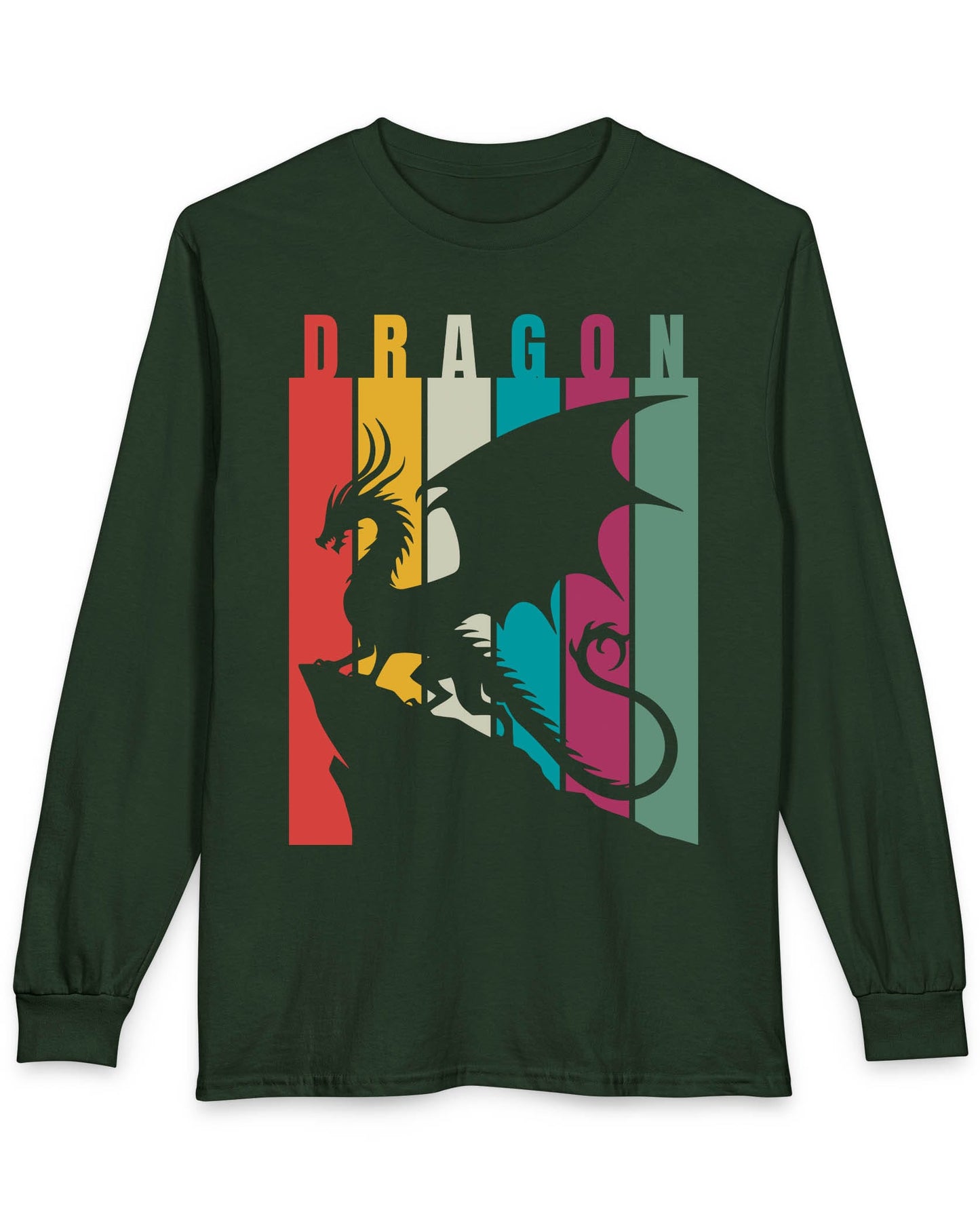 Draconic Spectrum shirt in forest green featuring a dragon silhouette over vertical multi-colored stripes