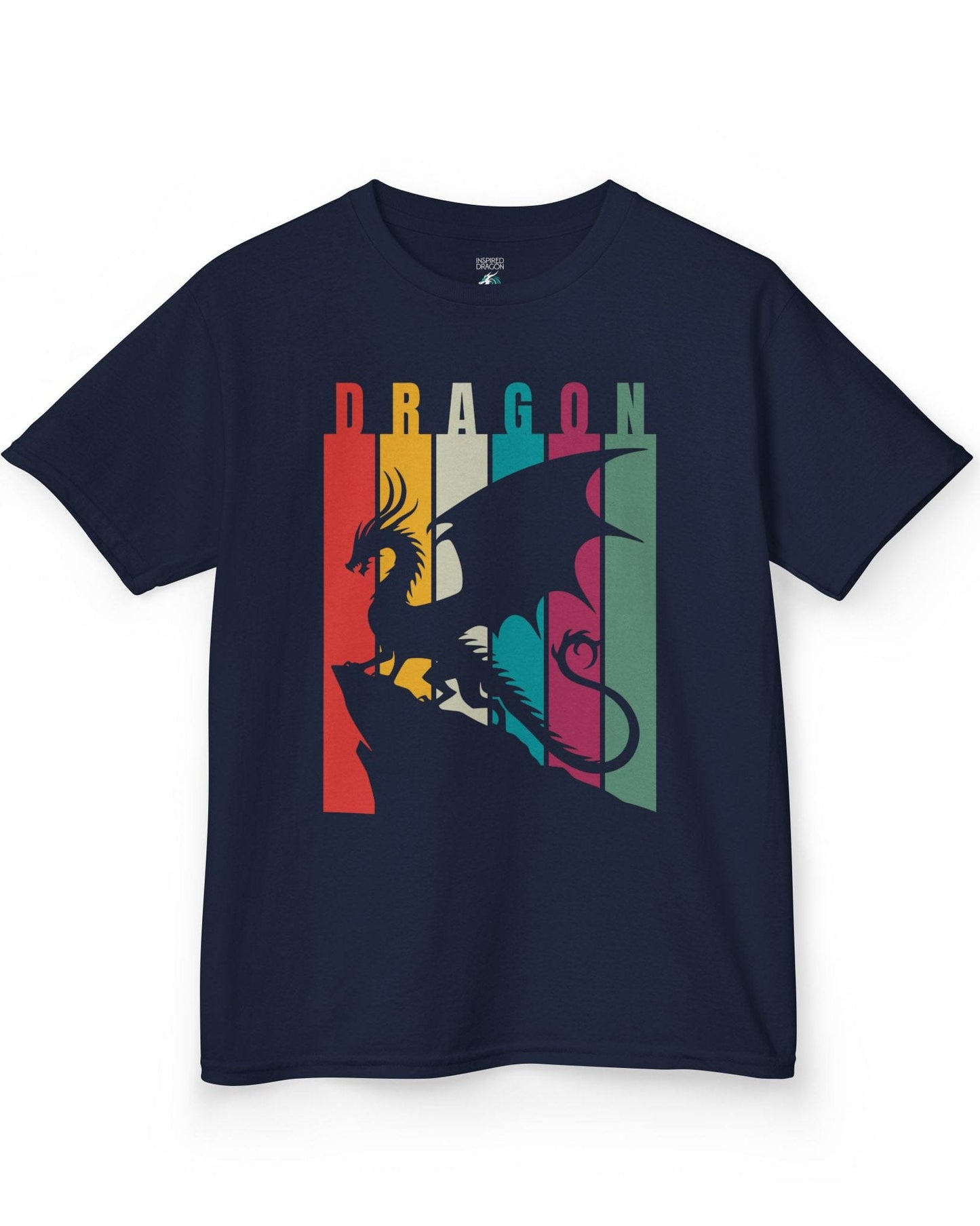 Draconic Spectrum shirt in navy featuring a dragon silhouette over vertical multi-colored stripes