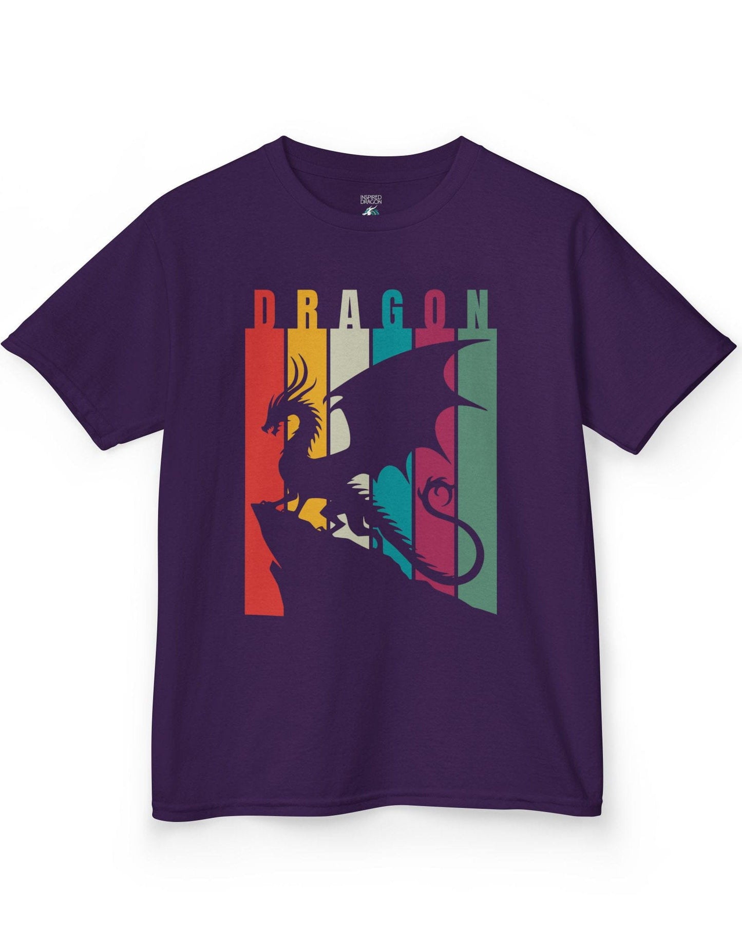 Draconic Spectrum shirt in purple featuring a dragon silhouette over vertical multi-colored stripes