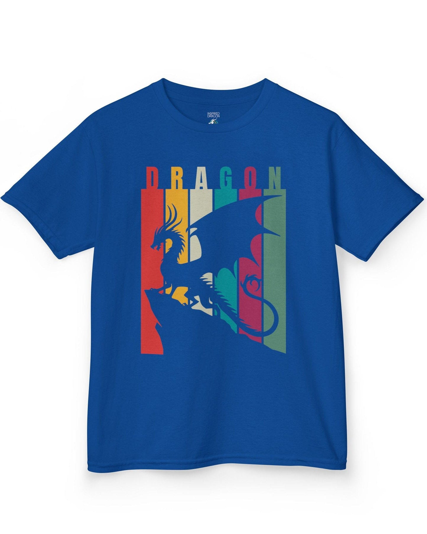 Draconic Spectrum shirt in royal blue featuring a dragon silhouette over vertical multi-colored stripes