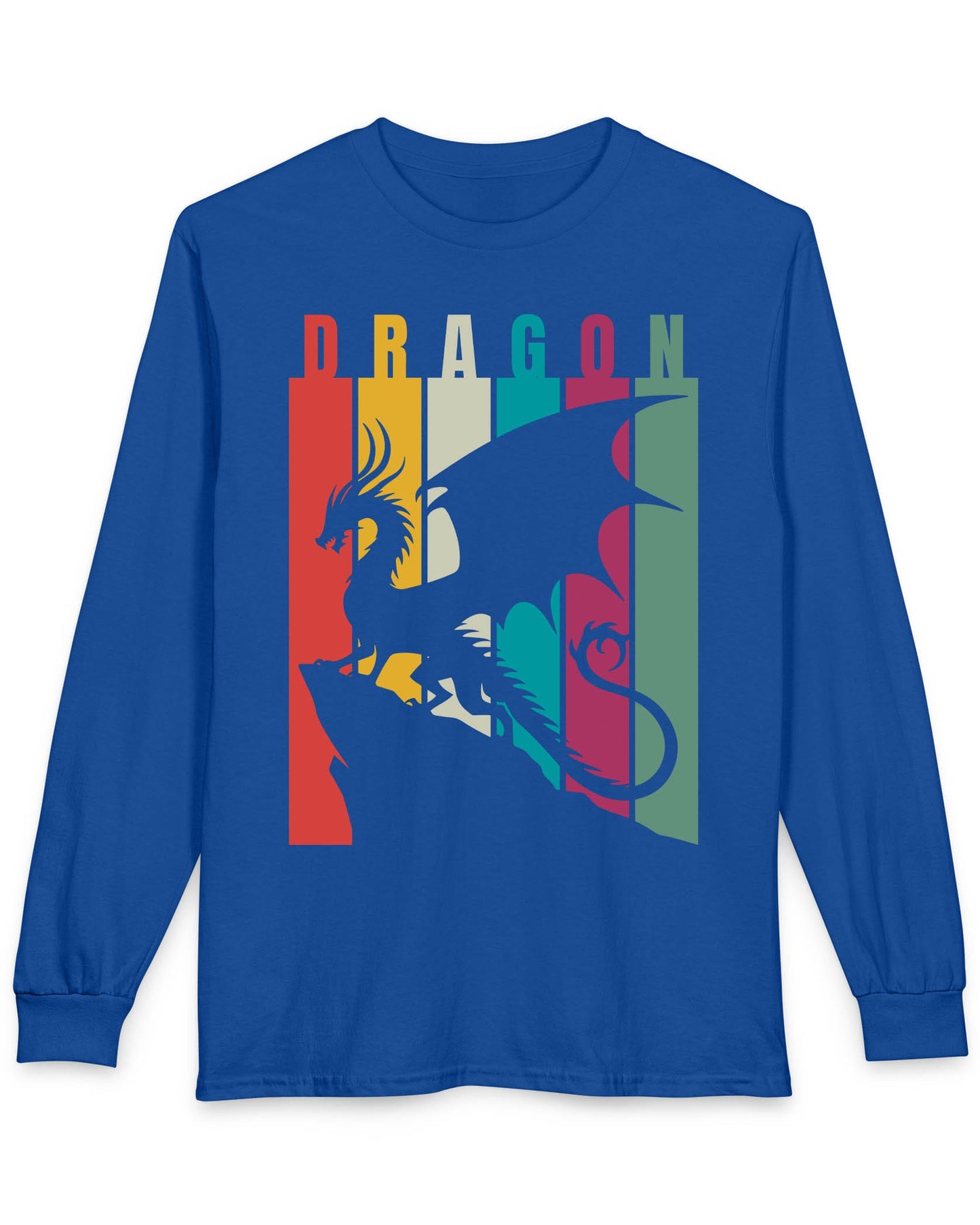 Draconic Spectrum shirt in royal blue featuring a dragon silhouette over vertical multi-colored stripes