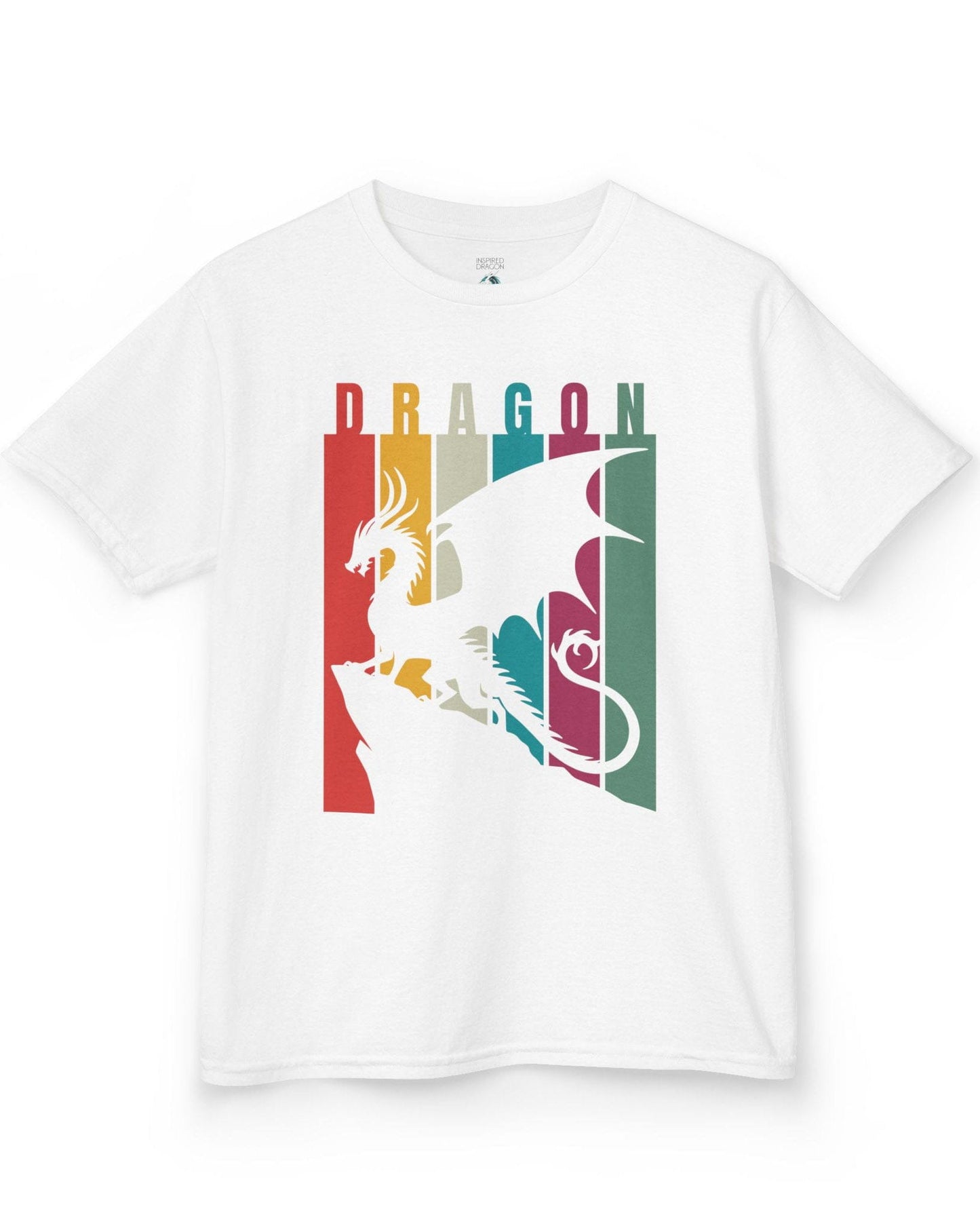 Draconic Spectrum shirt in white featuring a dragon silhouette over vertical multi-colored stripes
