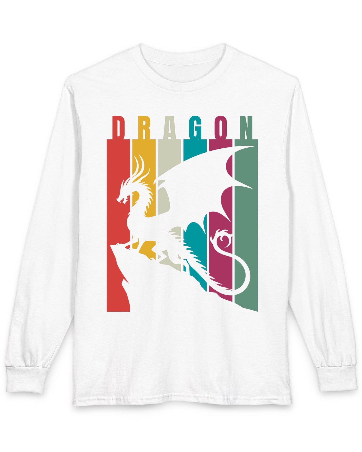 Draconic Spectrum shirt in white featuring a dragon silhouette over vertical multi-colored stripes