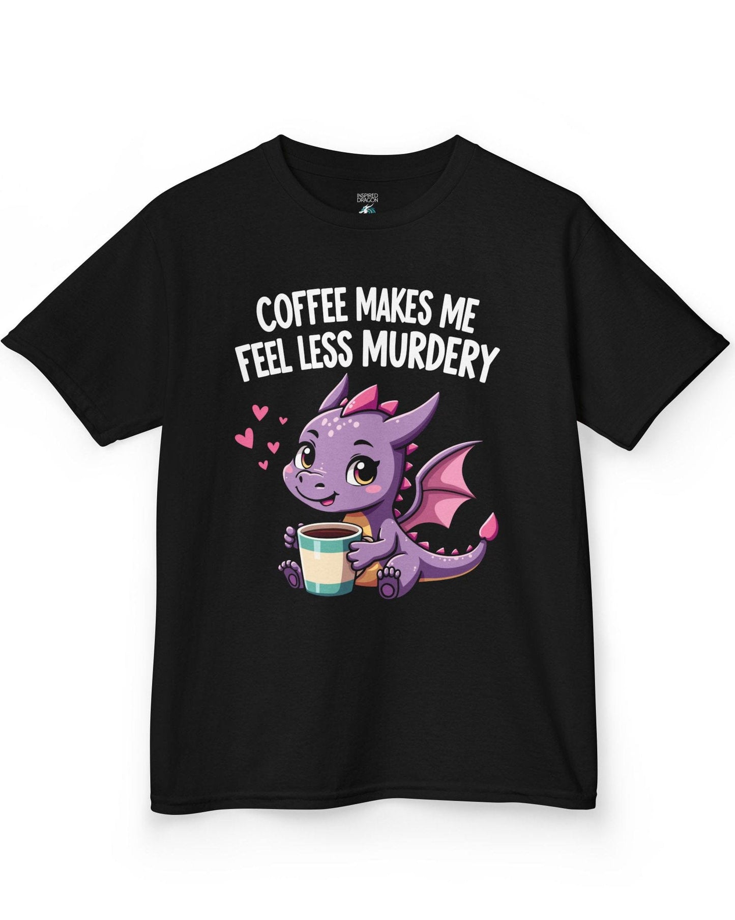 Coffee Makes Me Feel... shirt in black featuring a cute purple dragon holding a coffee cup.