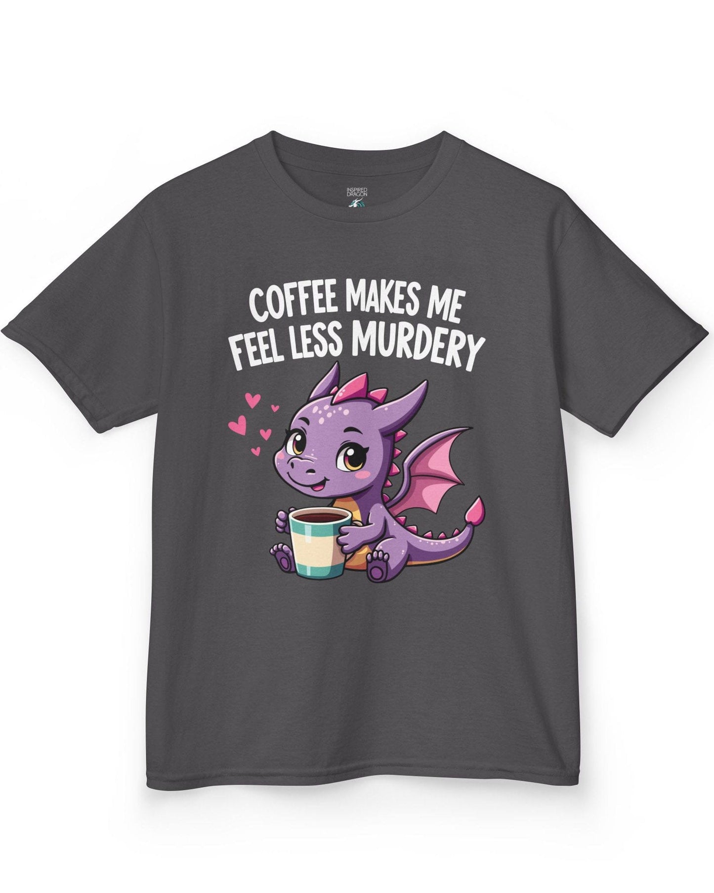 Coffee Makes Me Feel... shirt in charcoal featuring a cute purple dragon holding a coffee cup.