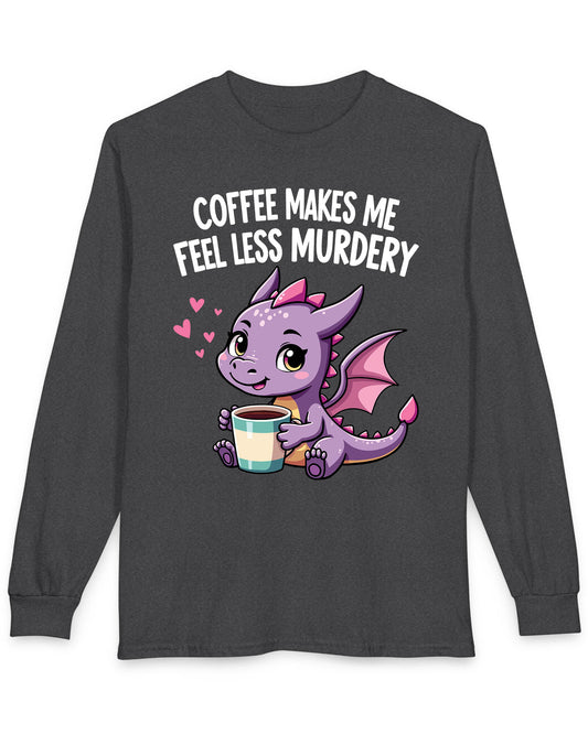 Coffee Makes Me Feel... shirt in dark heather grey featuring a cute purple dragon holding a coffee cup.