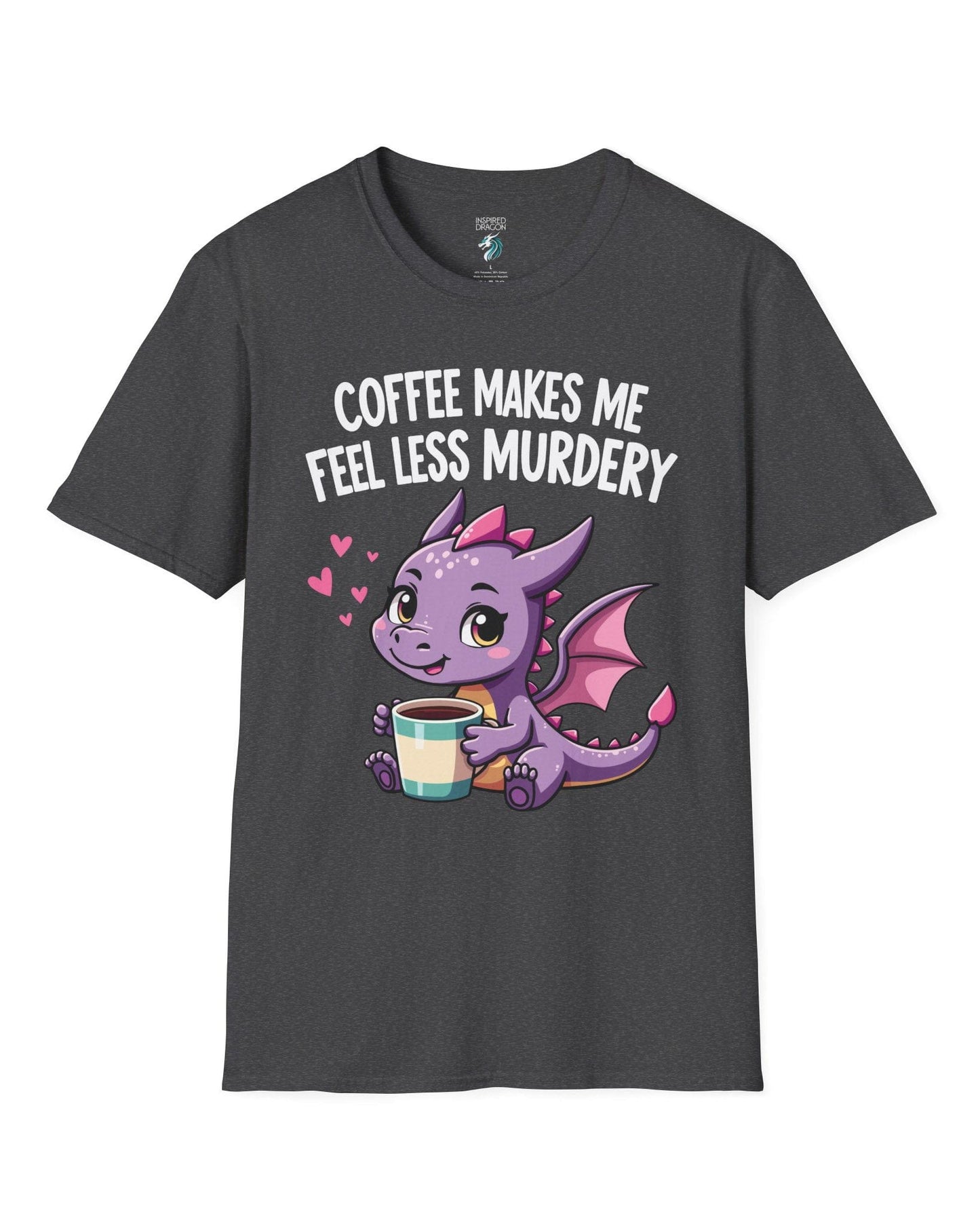 Coffee Makes Me Feel... shirt in dark heather grey featuring a cute purple dragon holding a coffee cup.
