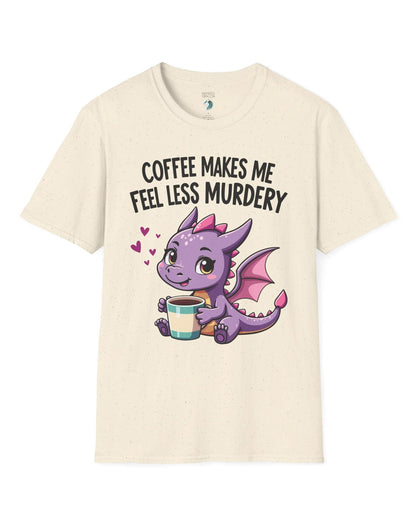 Coffee Makes Me Feel... shirt in natural featuring a cute purple dragon holding a coffee cup.