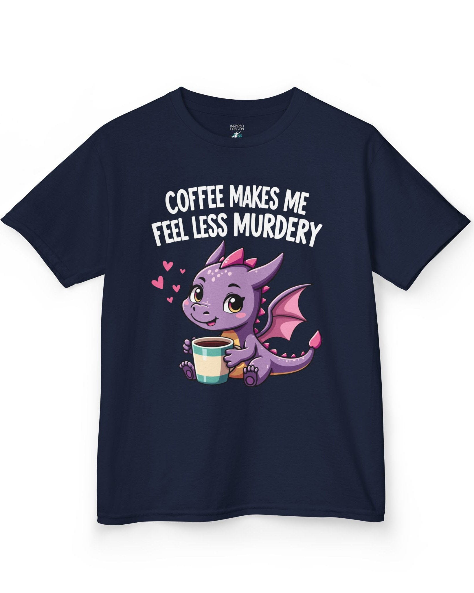 Coffee Makes Me Feel... shirt in navy featuring a cute purple dragon holding a coffee cup.