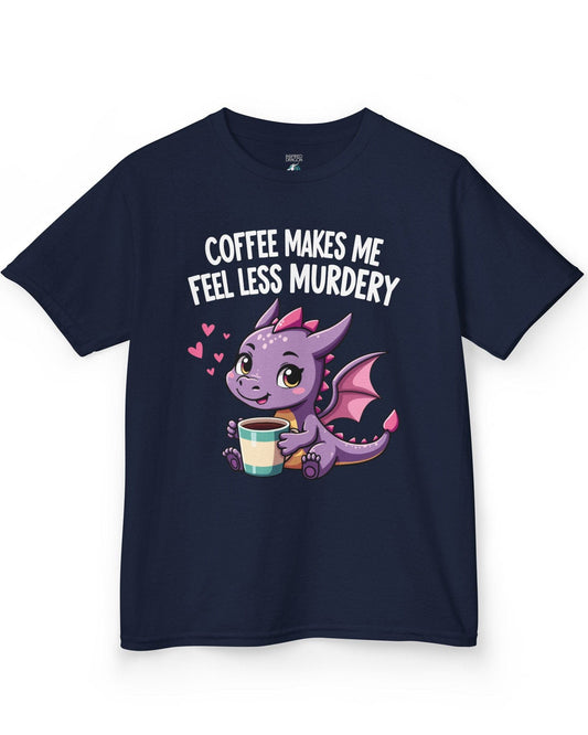 Coffee Makes Me Feel... shirt in navy featuring a cute purple dragon holding a coffee cup.