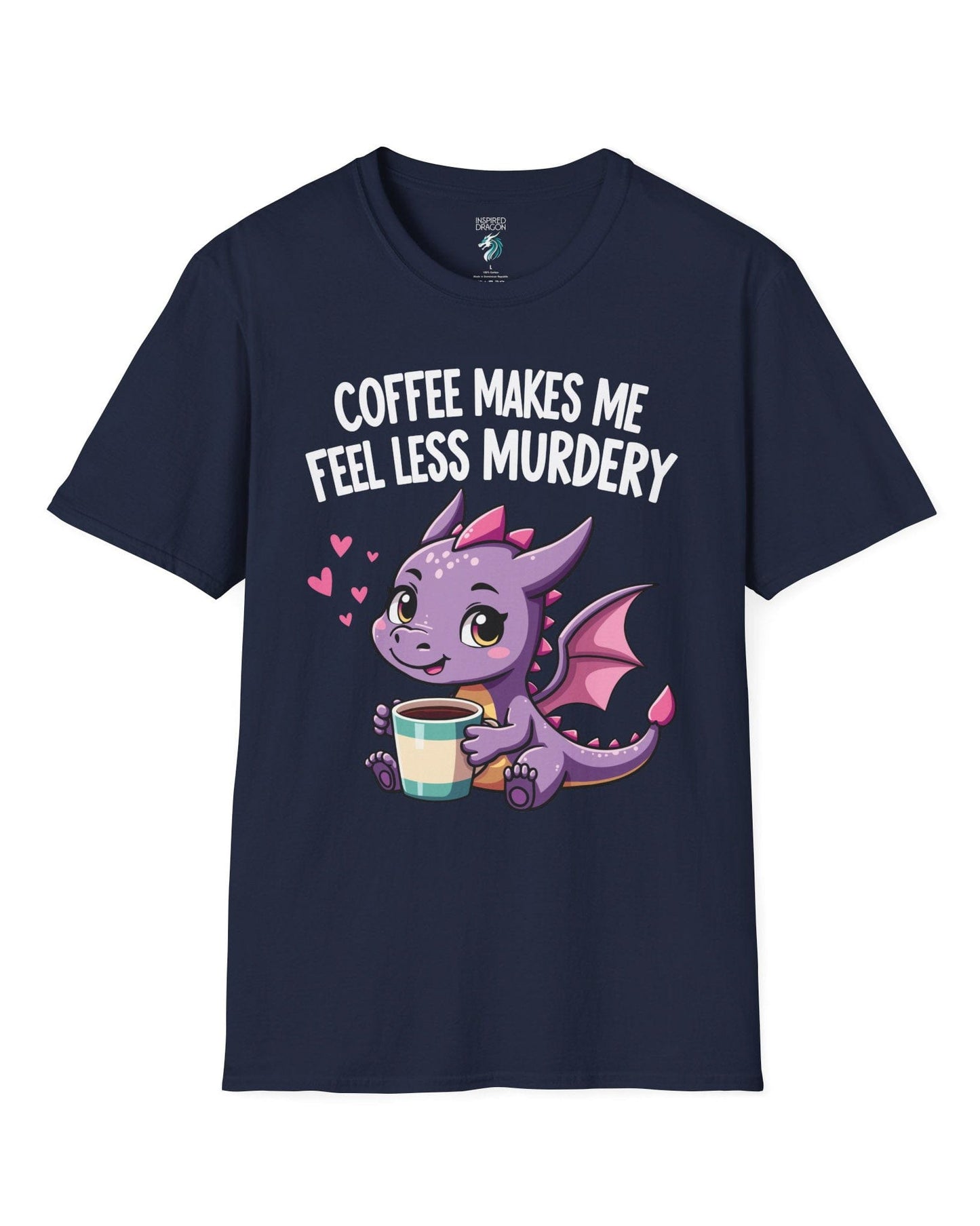 Coffee Makes Me Feel... shirt in navy featuring a cute purple dragon holding a coffee cup.
