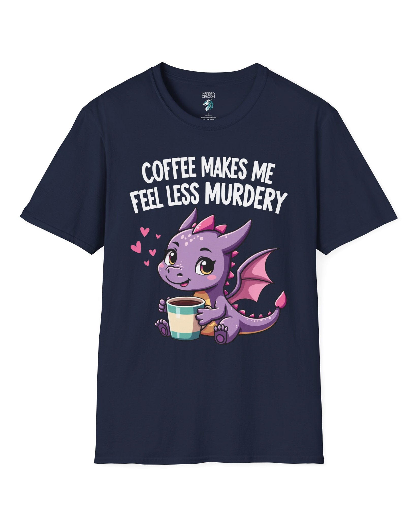 Coffee Makes Me Feel... shirt in navy featuring a cute purple dragon holding a coffee cup.

