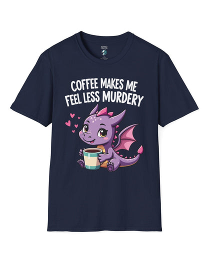 Coffee Makes Me Feel... shirt in navy featuring a cute purple dragon holding a coffee cup.
