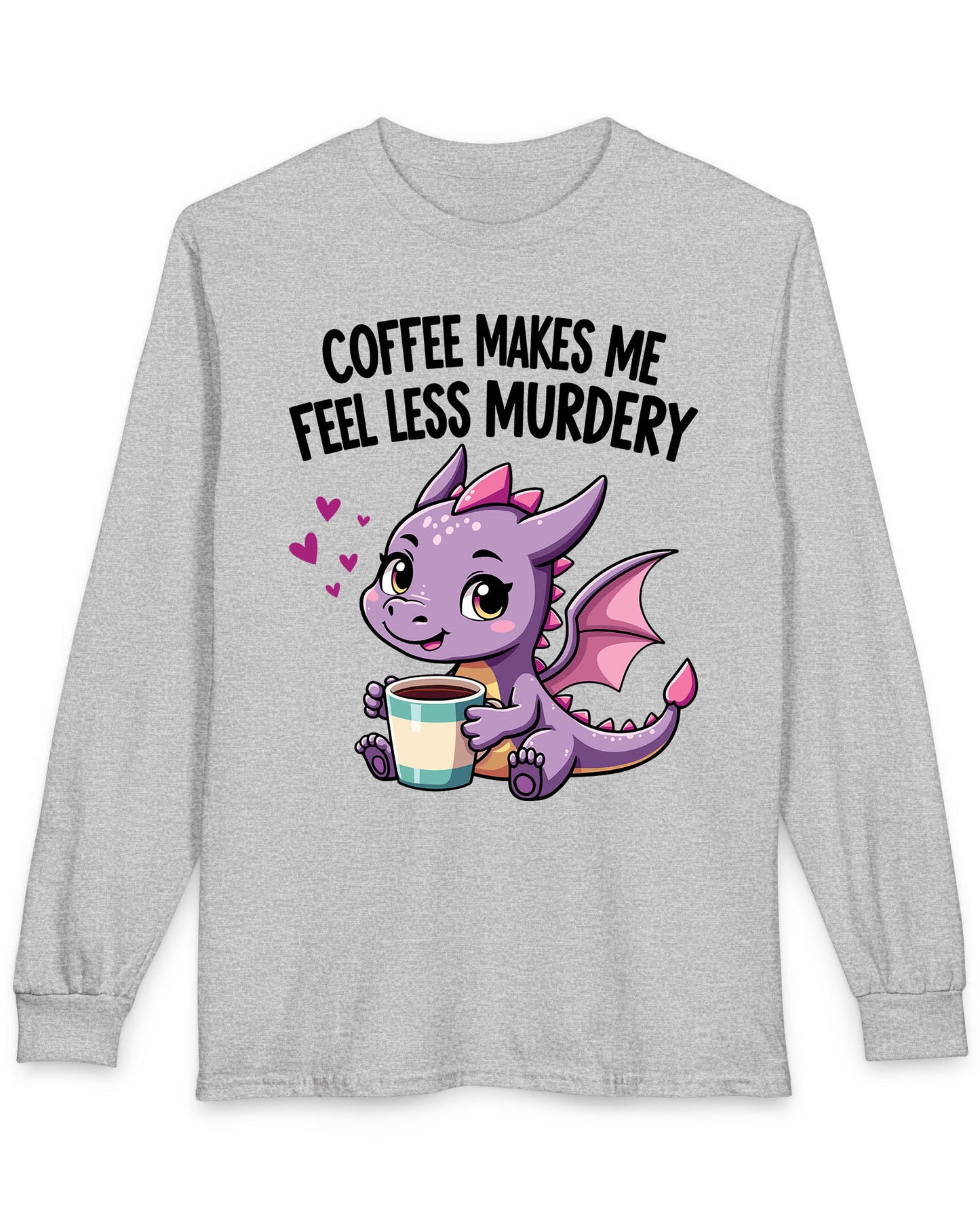 Coffee Makes Me Feel... shirt in sport grey featuring a cute purple dragon holding a coffee cup.