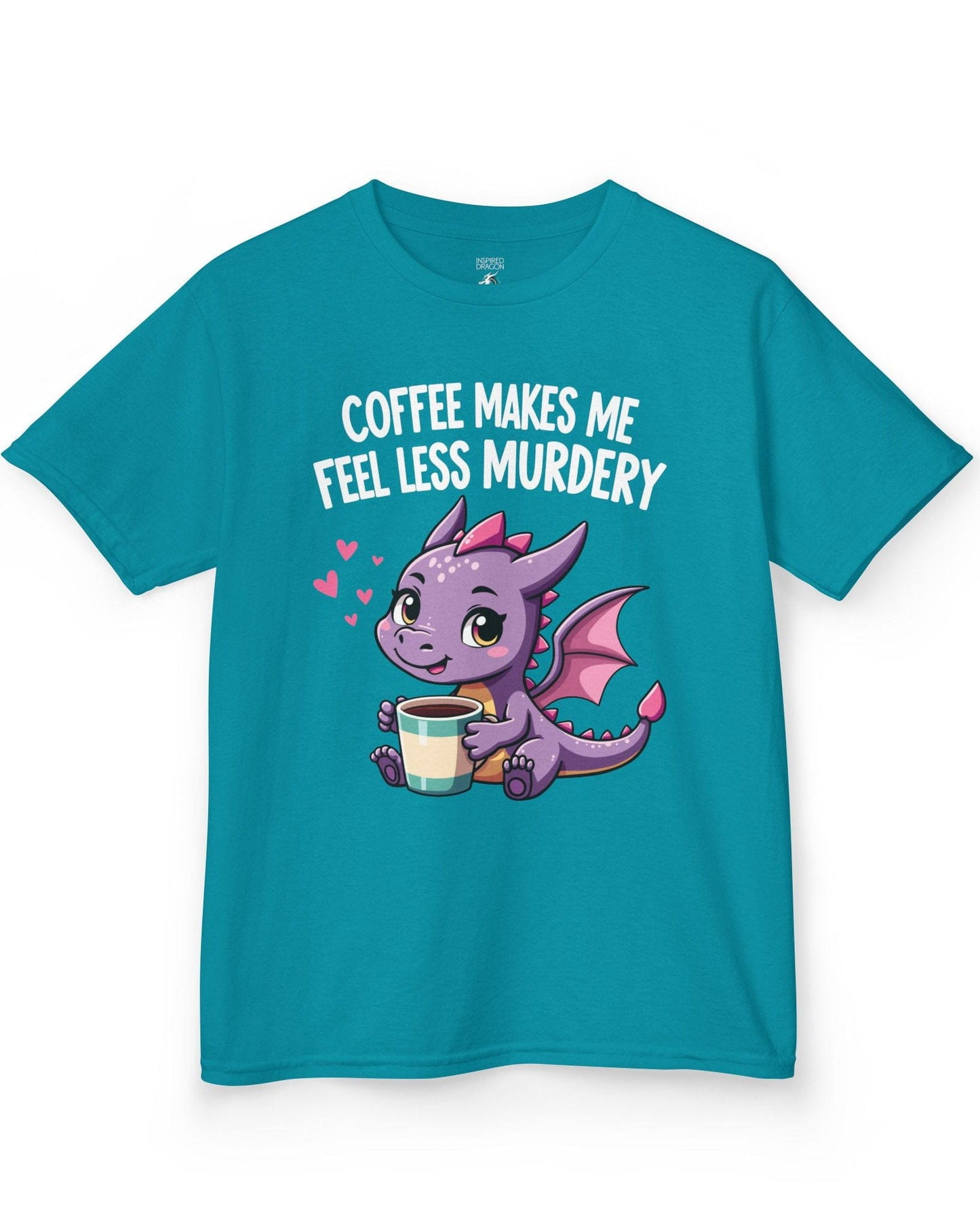 Coffee Makes Me Feel... shirt in tropical blue featuring a cute purple dragon holding a coffee cup.