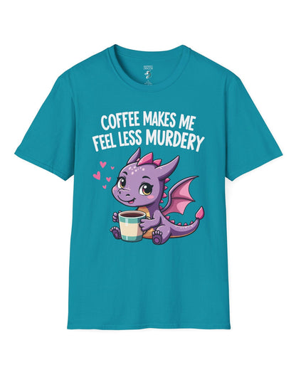 Coffee Makes Me Feel... shirt in tropical blue featuring a cute purple dragon holding a coffee cup.